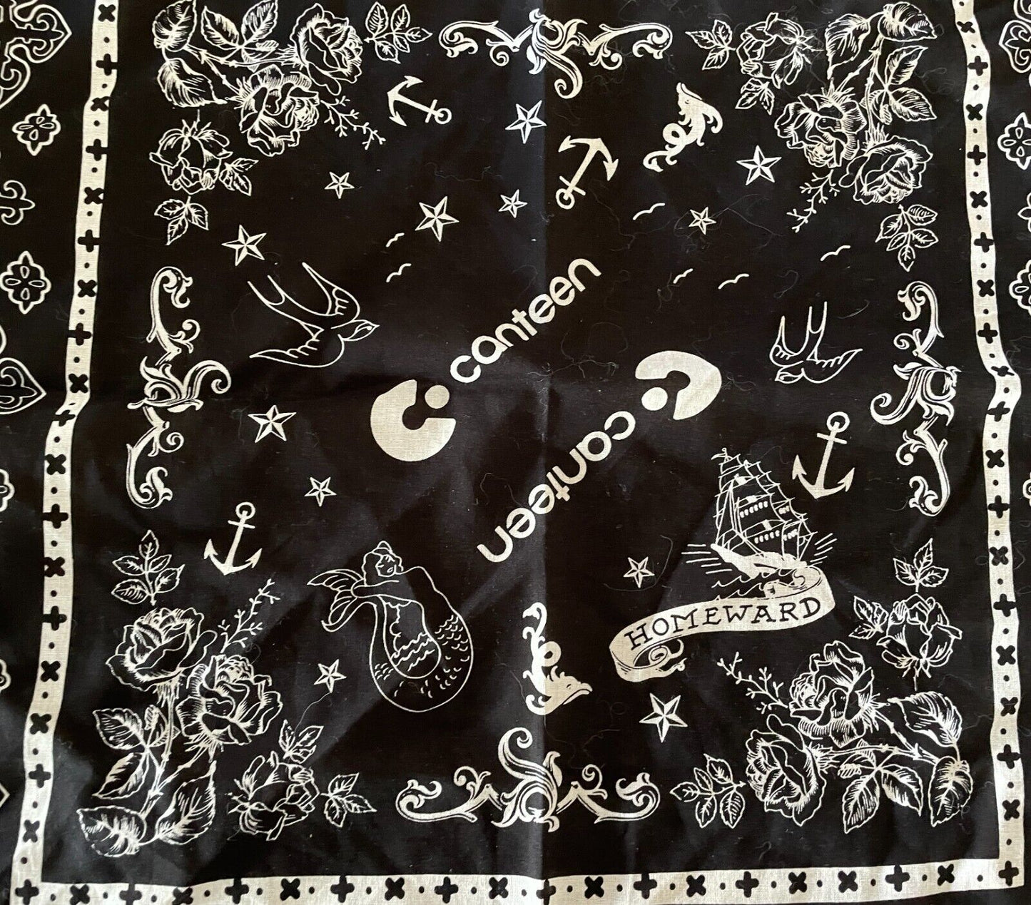 Bandana Cotton CANTEEN Black White Nautical Neck Head Scarf 56cm x 54cm NEW