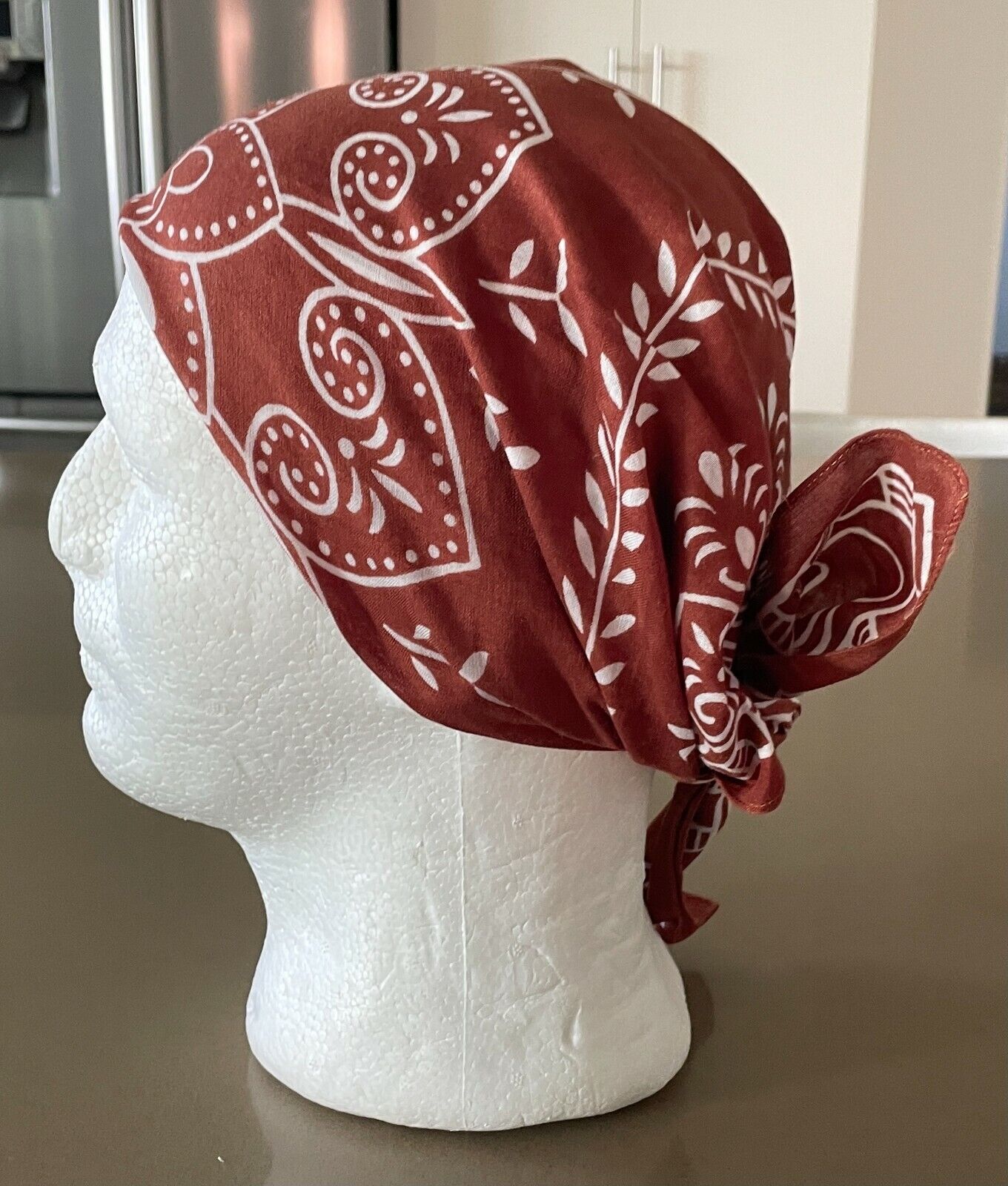 Bandana Neck Head Scarf Rust Brown & White Batik Print Square Vintage Cotton