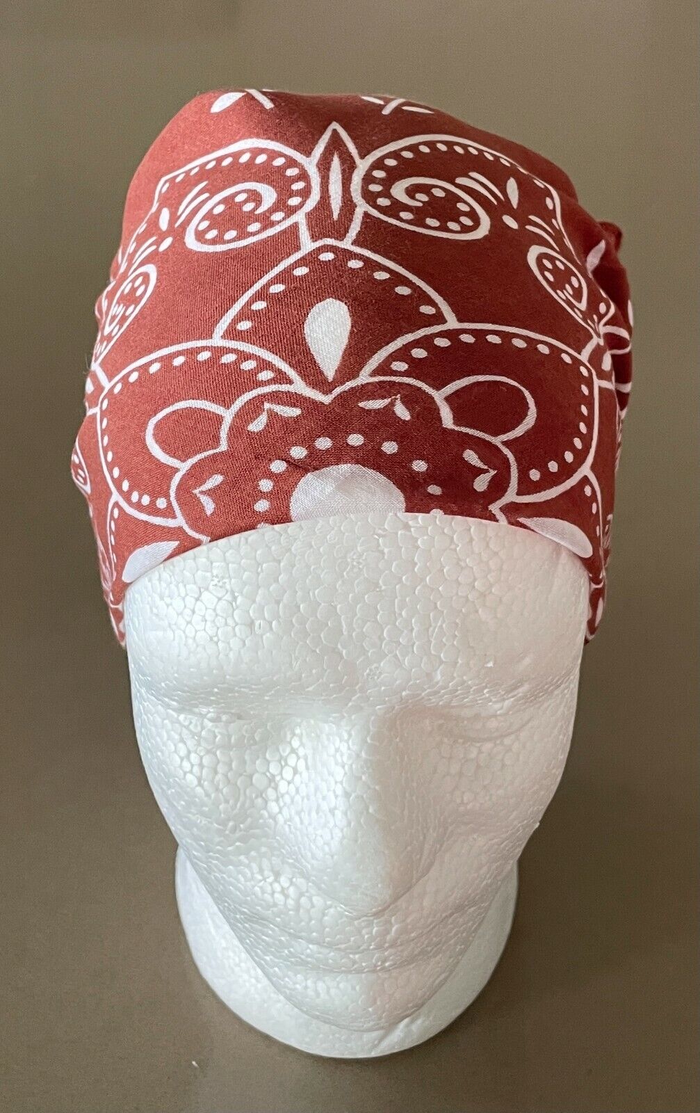 Bandana Neck Head Scarf Rust Brown & White Batik Print Square Vintage Cotton