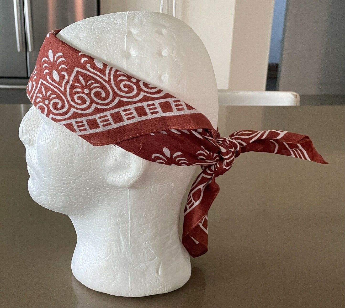 Bandana Neck Head Scarf Rust Brown & White Batik Print Square Vintage Cotton