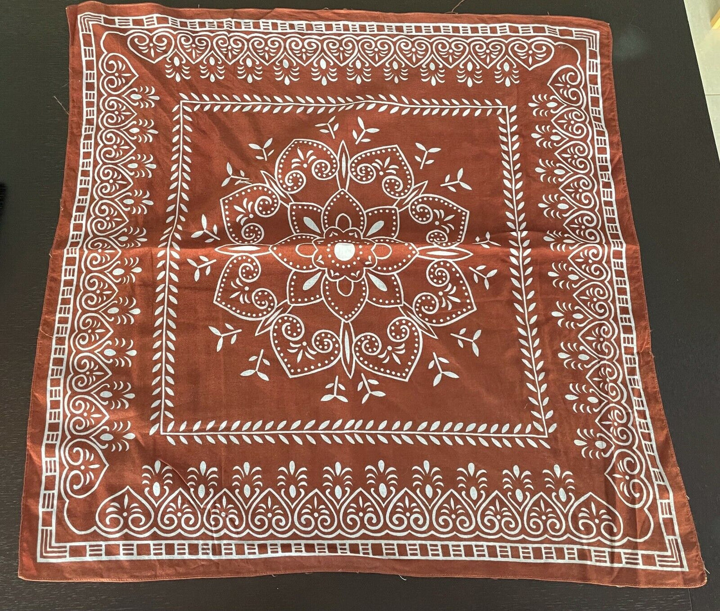 Bandana Neck Head Scarf Rust Brown & White Batik Print Square Vintage Cotton