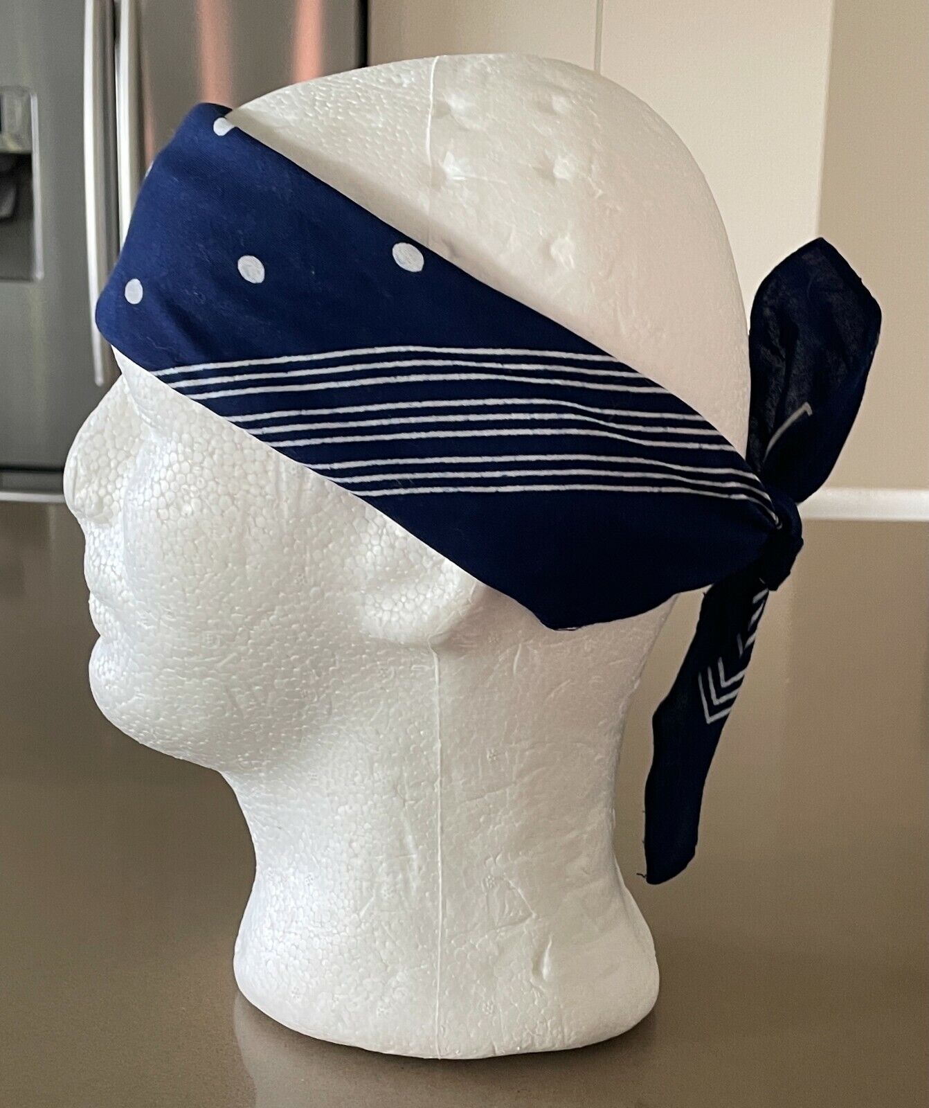 Bandana POLKA DOT Navy Blue White & Stripe Neck Scarf Head Wrap NEW Cotton