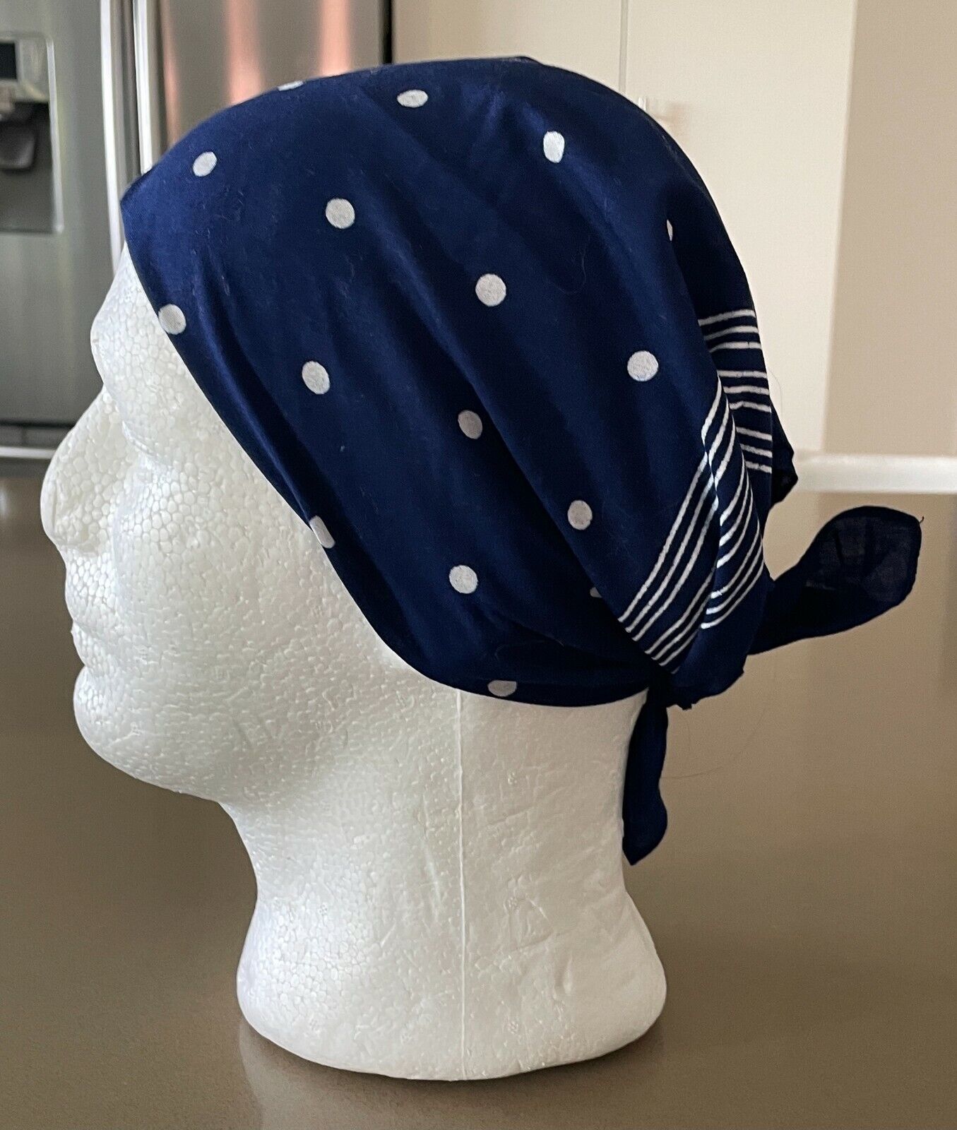 Bandana POLKA DOT Navy Blue White & Stripe Neck Scarf Head Wrap NEW Cotton