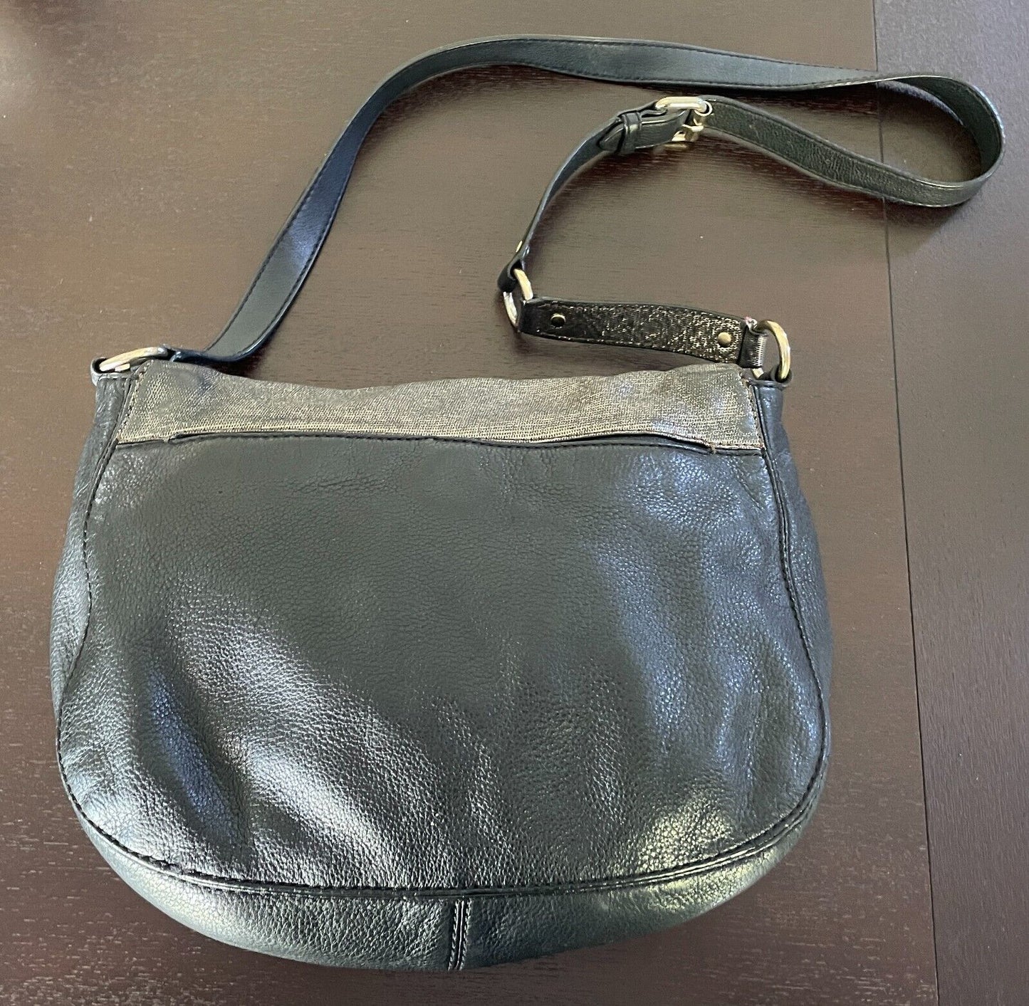 Vintage OROTON Black & Bronze Textured Leather Shoulder Saddle Bag Long Strap