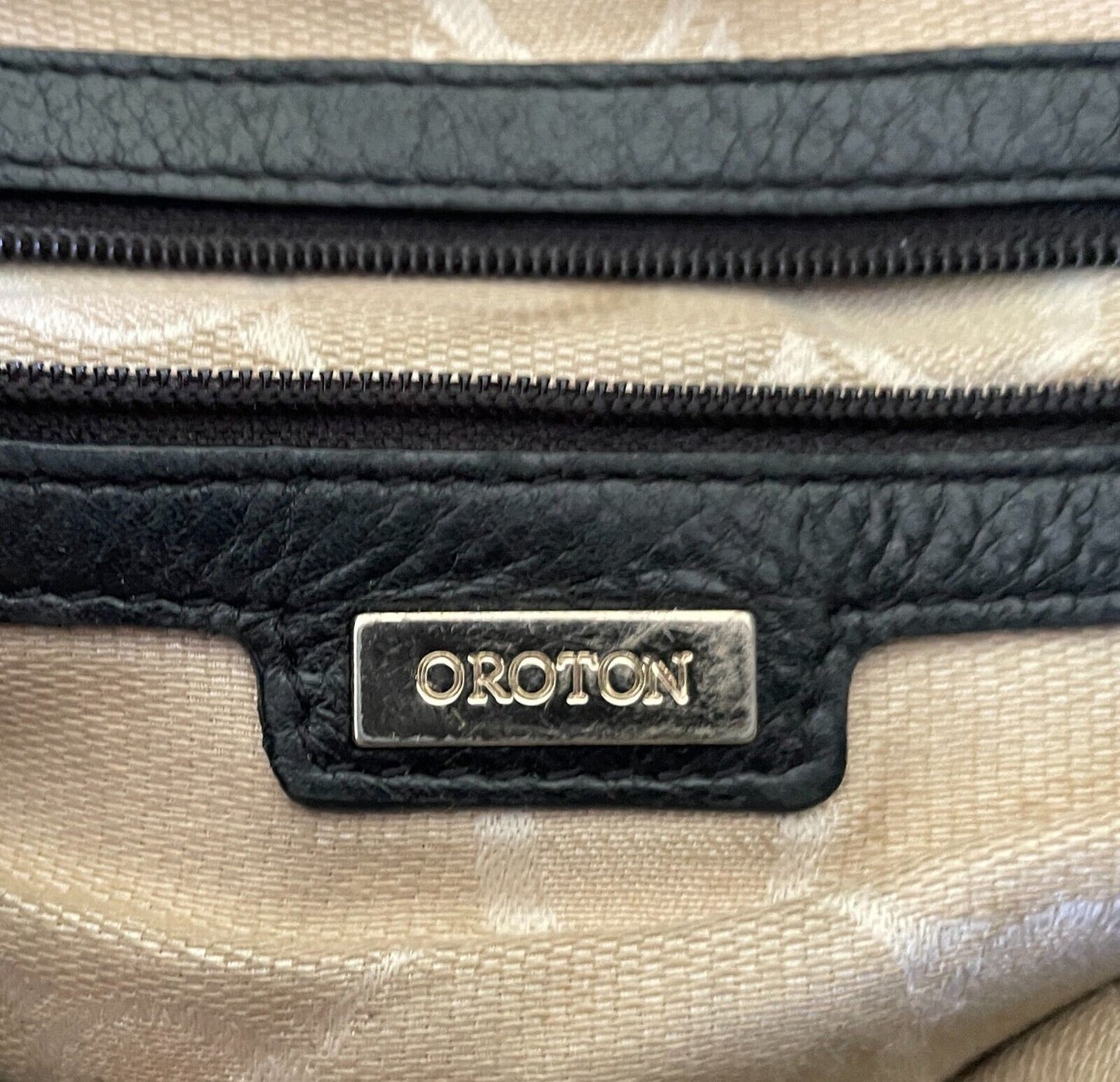 Vintage OROTON Black & Bronze Textured Leather Shoulder Saddle Bag Long Strap