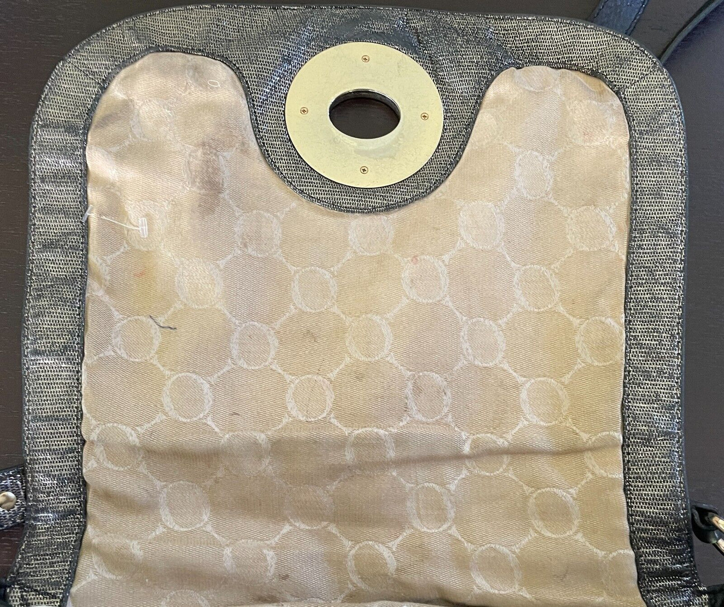 Vintage OROTON Black & Bronze Textured Leather Shoulder Saddle Bag Long Strap