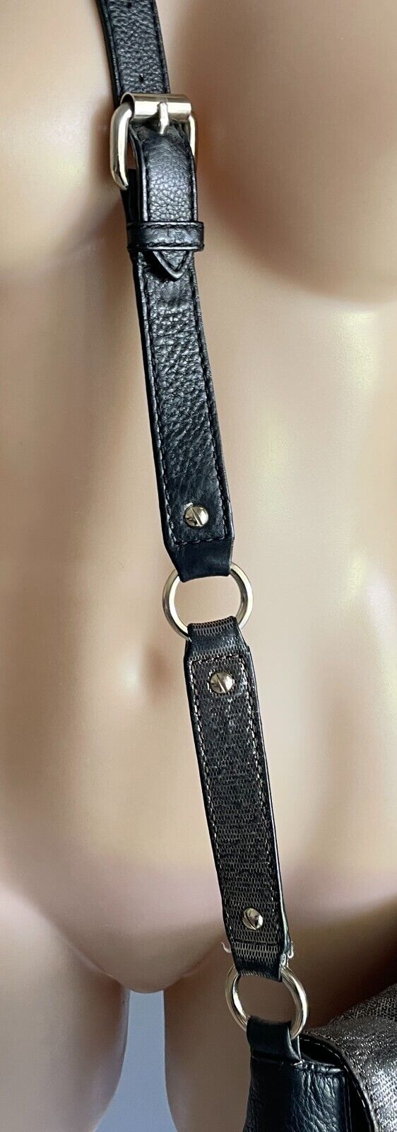 Vintage OROTON Black & Bronze Textured Leather Shoulder Saddle Bag Long Strap