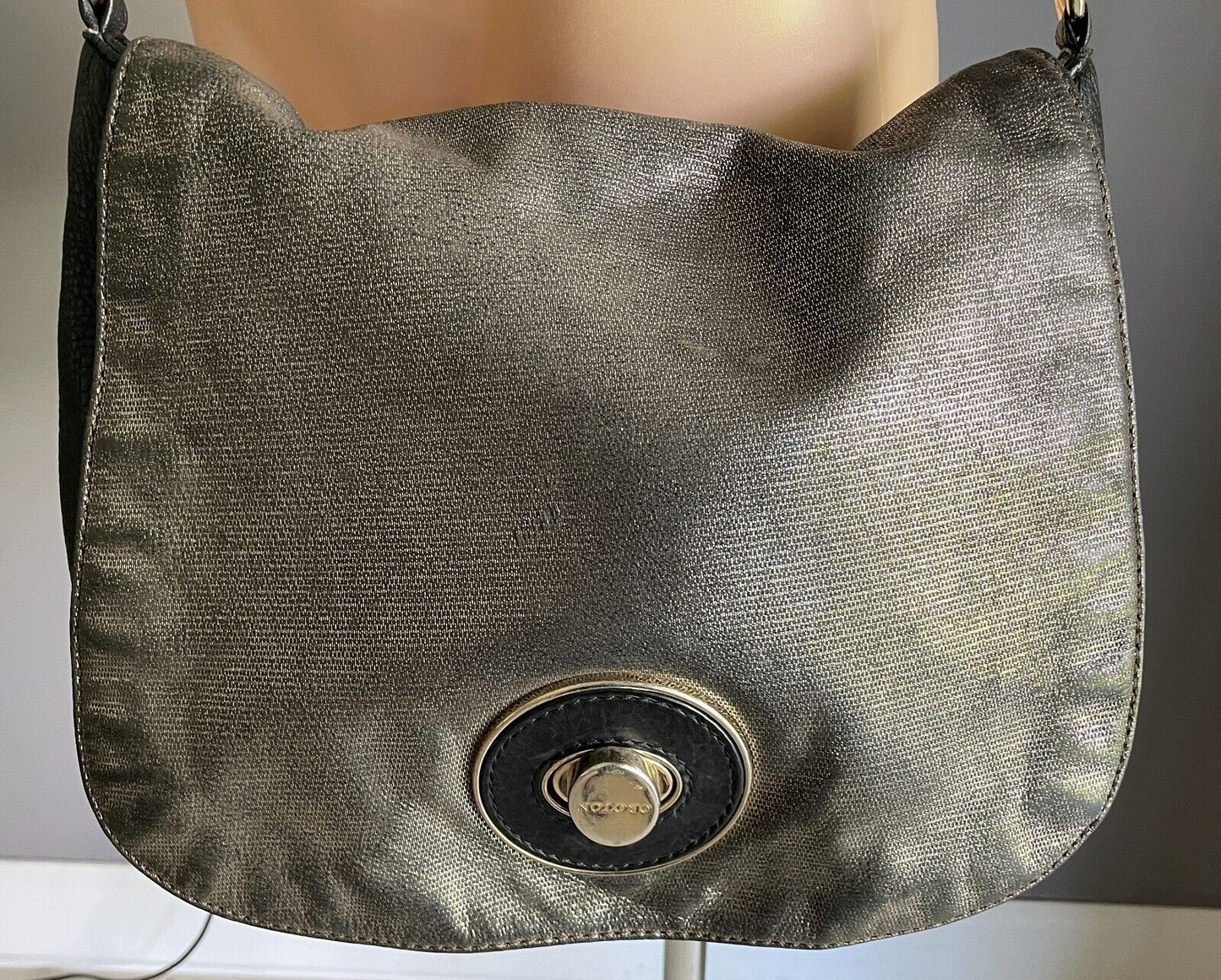 Vintage OROTON Black & Bronze Textured Leather Shoulder Saddle Bag Long Strap