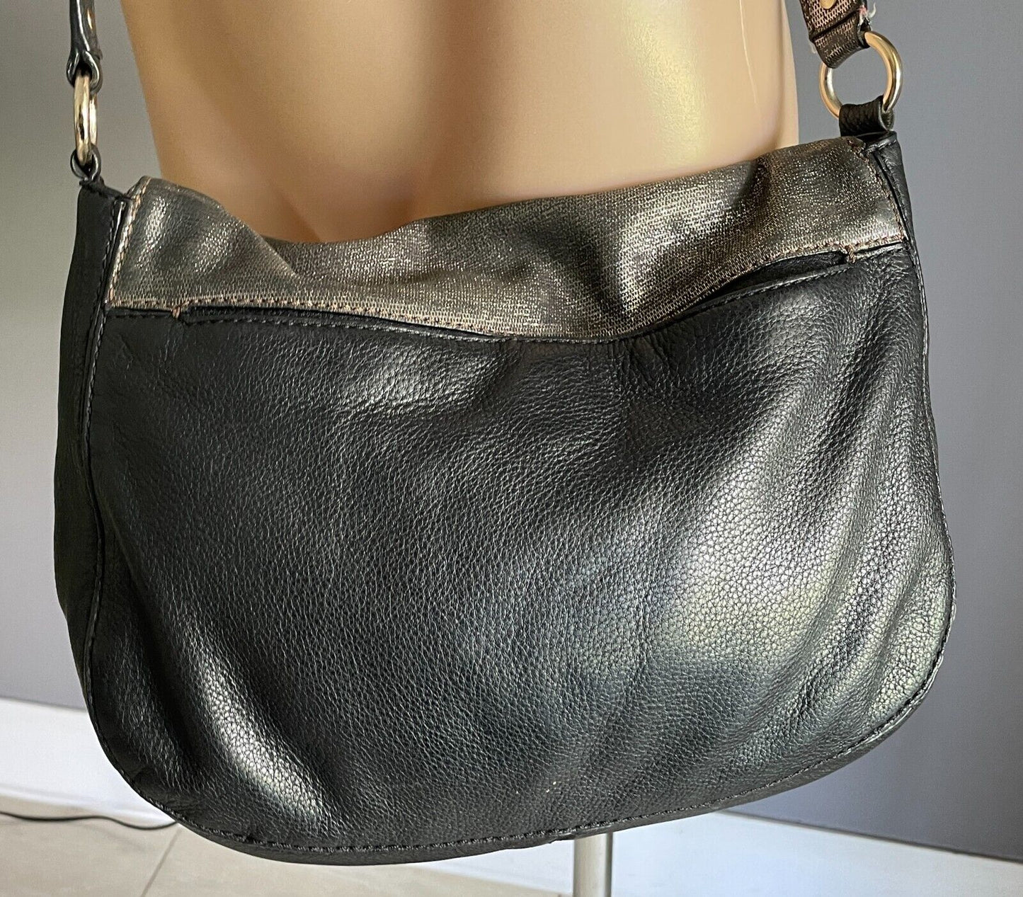 Vintage OROTON Black & Bronze Textured Leather Shoulder Saddle Bag Long Strap