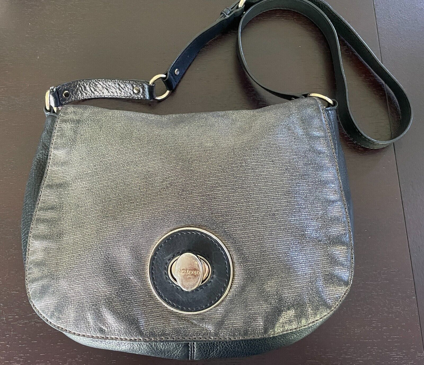 Vintage OROTON Black & Bronze Textured Leather Shoulder Saddle Bag Long Strap