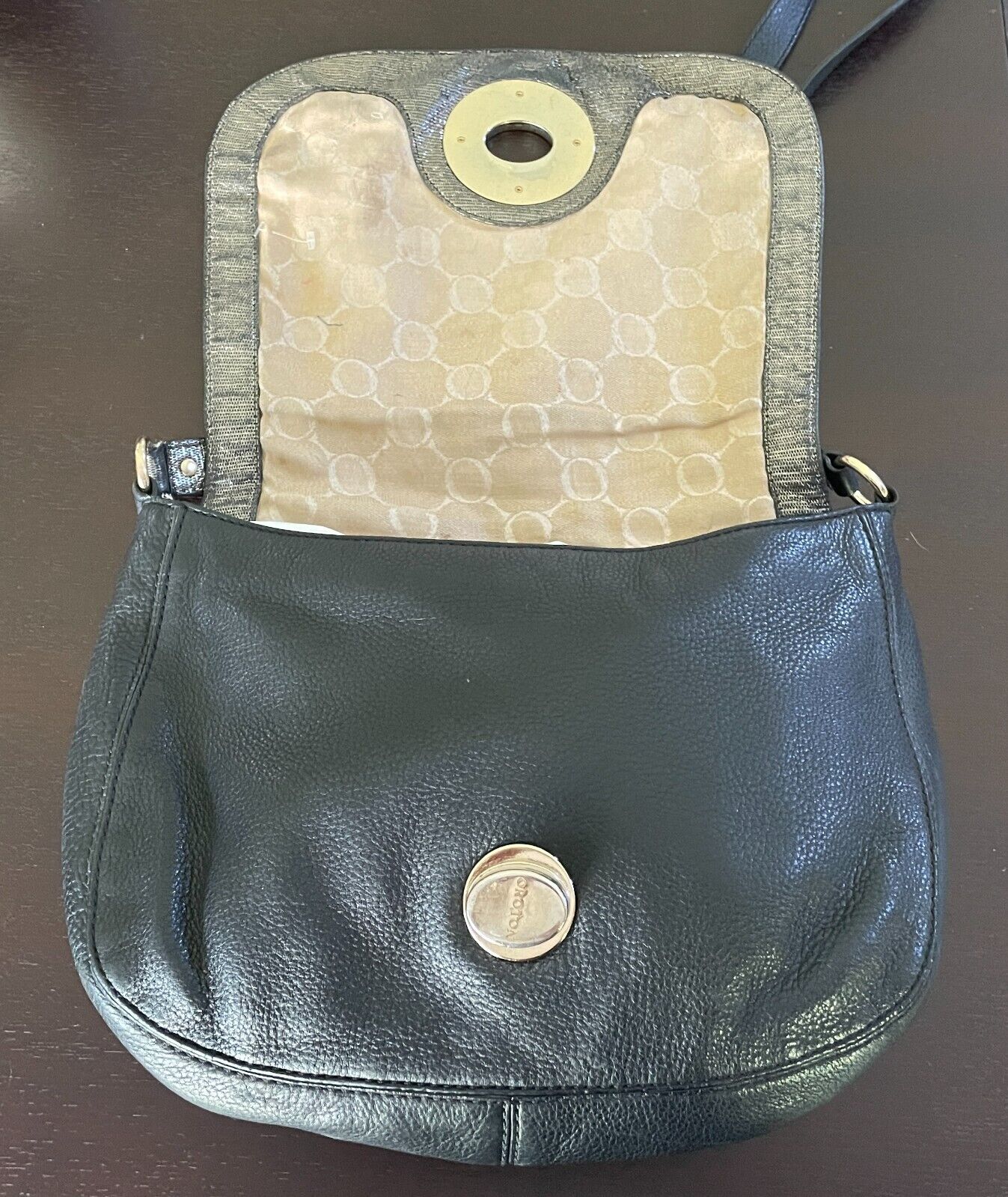 Vintage OROTON Black & Bronze Textured Leather Shoulder Saddle Bag Long Strap