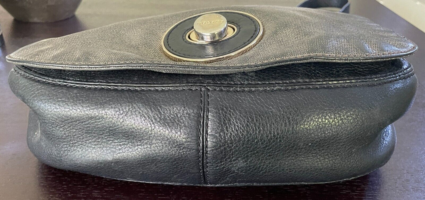 Vintage OROTON Black & Bronze Textured Leather Shoulder Saddle Bag Long Strap