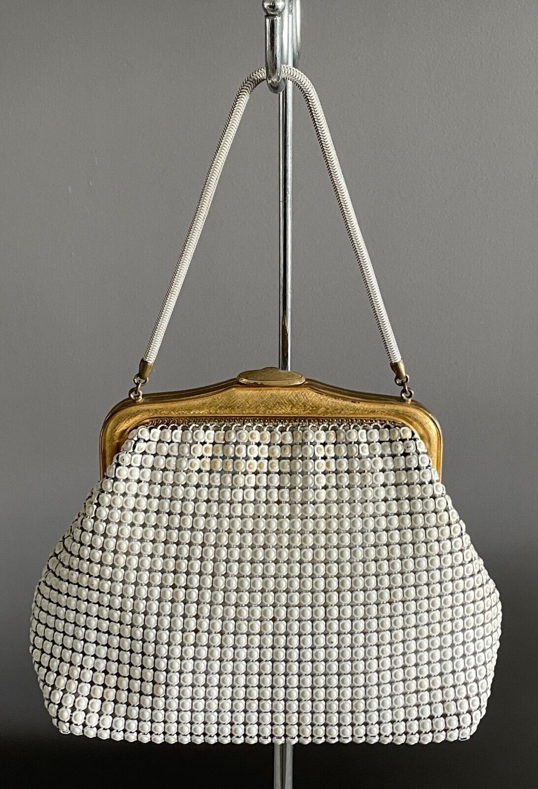 OROTON White Enamel Aluminium Mesh Bag w Short Chain Handbag 1960 1970s Vintage