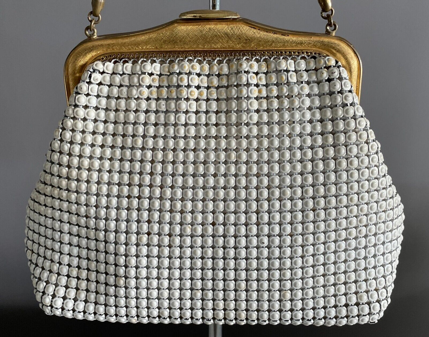 OROTON White Enamel Aluminium Mesh Bag w Short Chain Handbag 1960 1970s Vintage