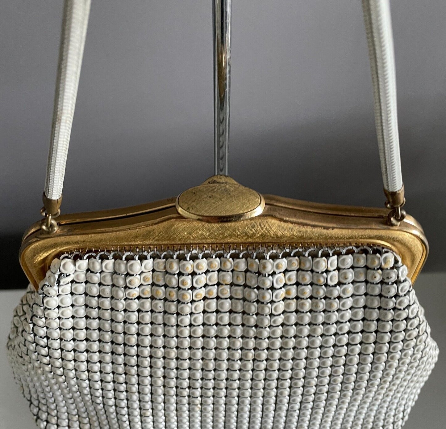 OROTON White Enamel Aluminium Mesh Bag w Short Chain Handbag 1960 1970s Vintage
