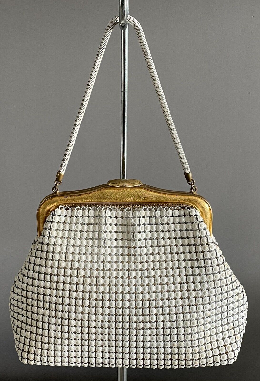 OROTON White Enamel Aluminium Mesh Bag w Short Chain Handbag 1960 1970s Vintage