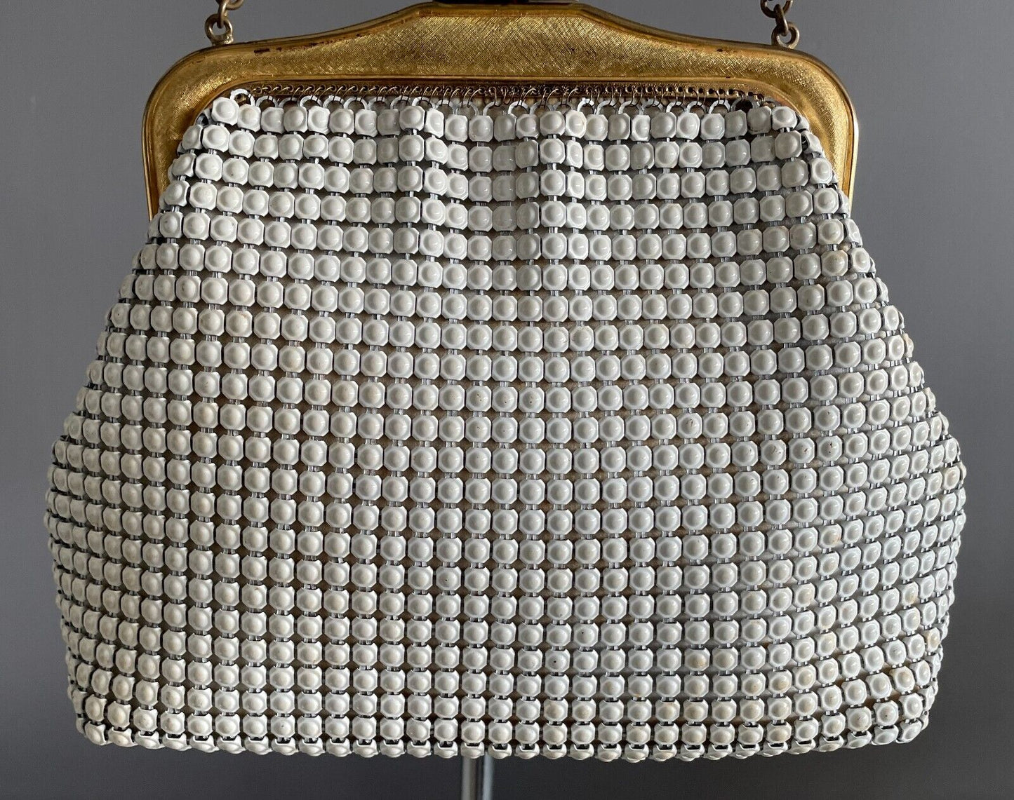 OROTON White Enamel Aluminium Mesh Bag w Short Chain Handbag 1960 1970s Vintage