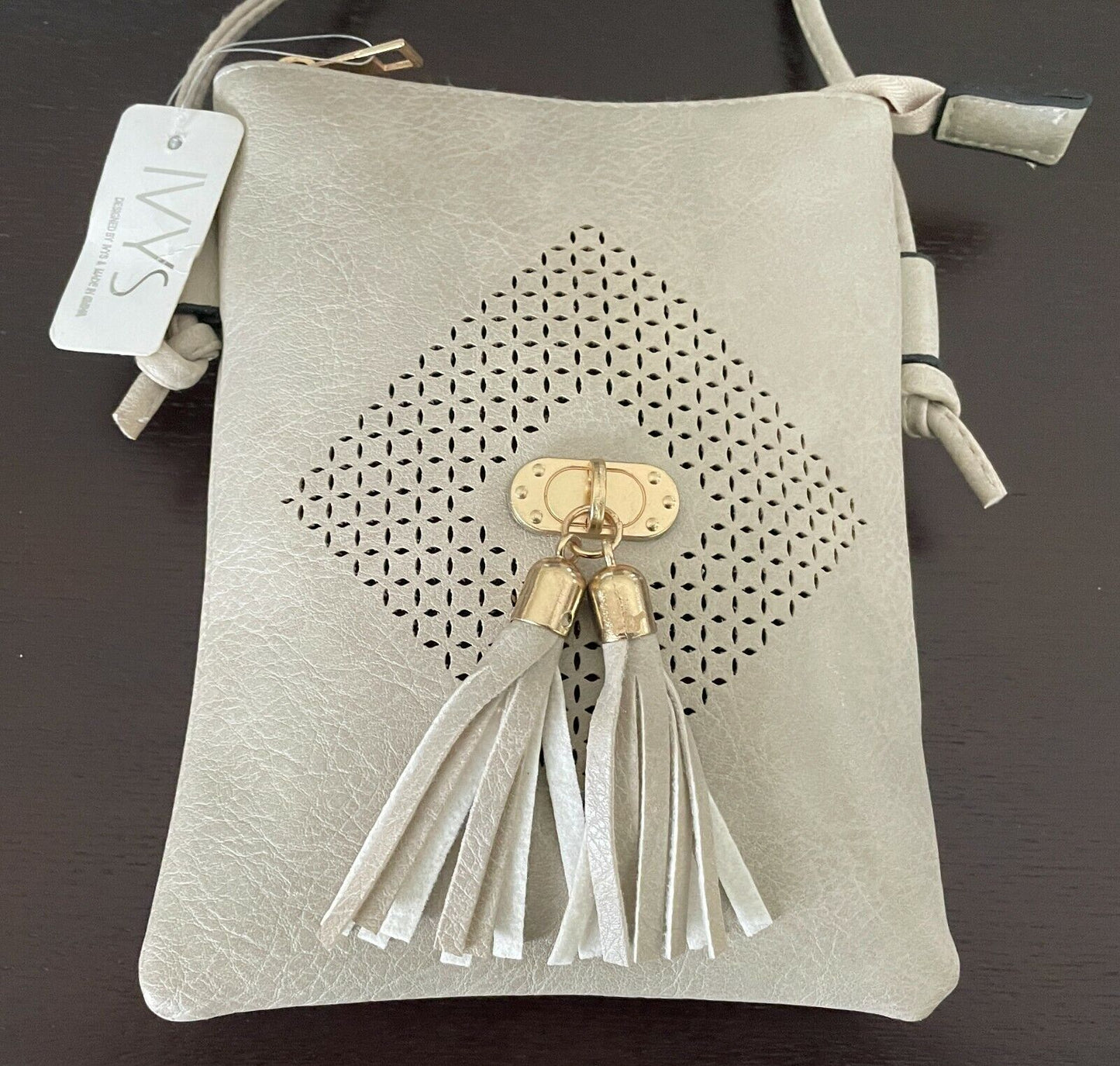 IVYS SHOULDER BAG Off White Pleather Crossbody Handbag w Tassel Trim Ladies NEW