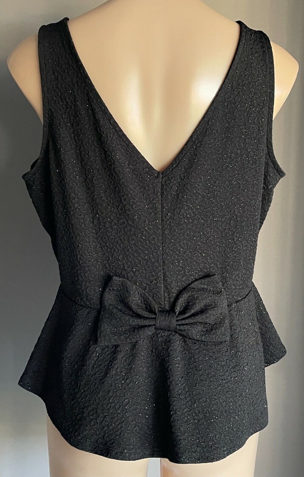 HOT OPTIONS Top Black & Silver Glitter Peplum Waist Blouse w Bow Size 18 NEW