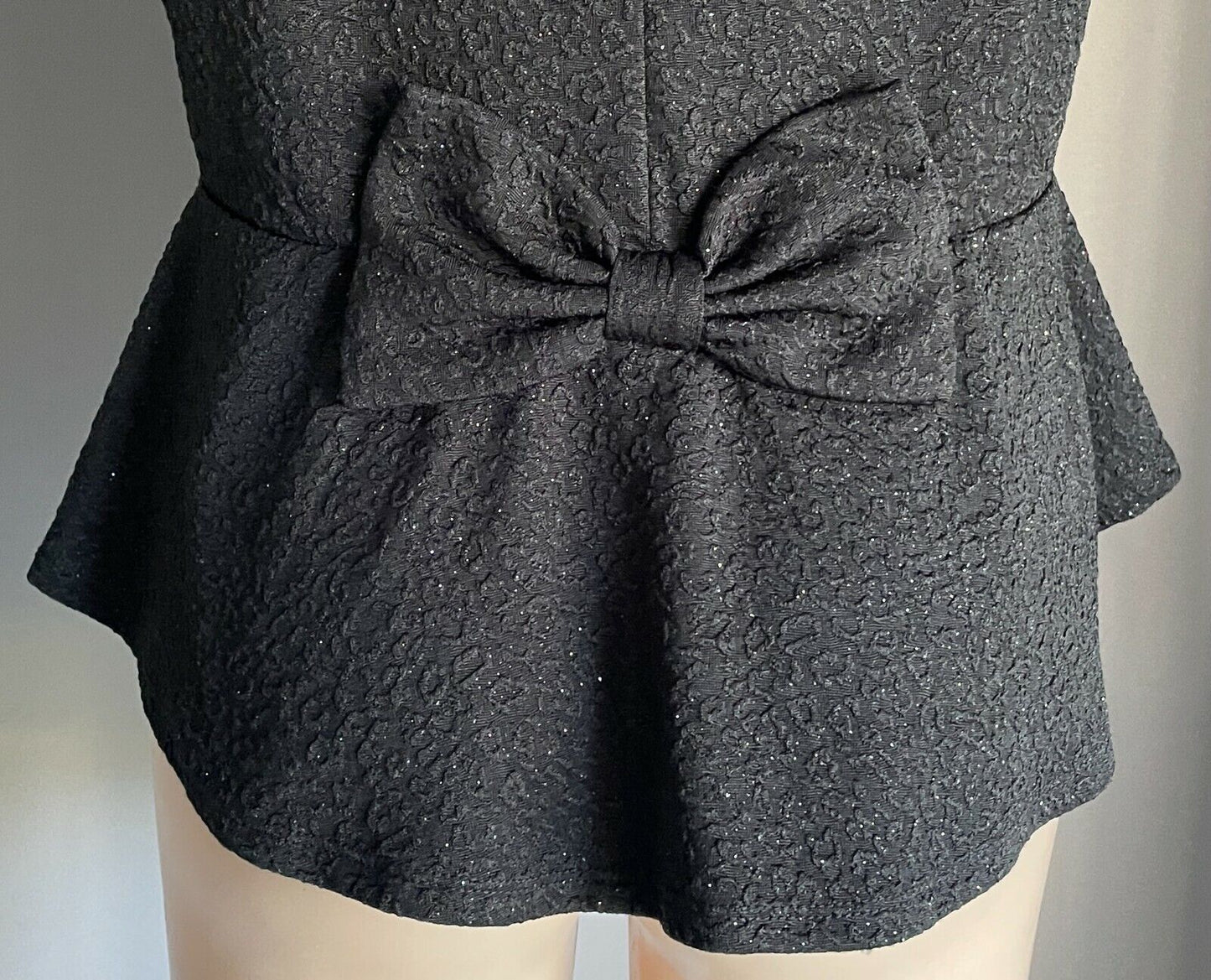 HOT OPTIONS Top Black & Silver Glitter Peplum Waist Blouse w Bow Size 18 NEW