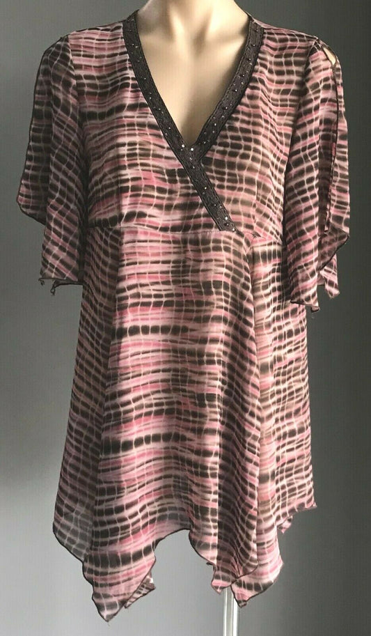 HOT OPTIONS Ladies Top Brown Pink Tie Dye Asymmetric Hem Flutter Sleeve Size 14