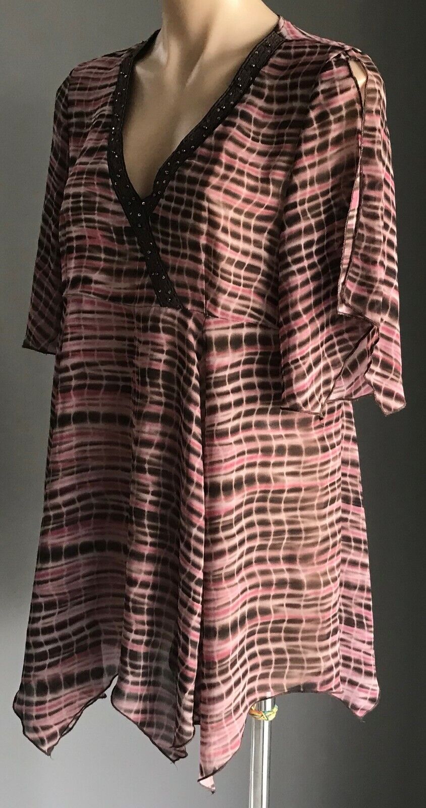 HOT OPTIONS Ladies Top Brown Pink Tie Dye Asymmetric Hem Flutter Sleeve Size 14