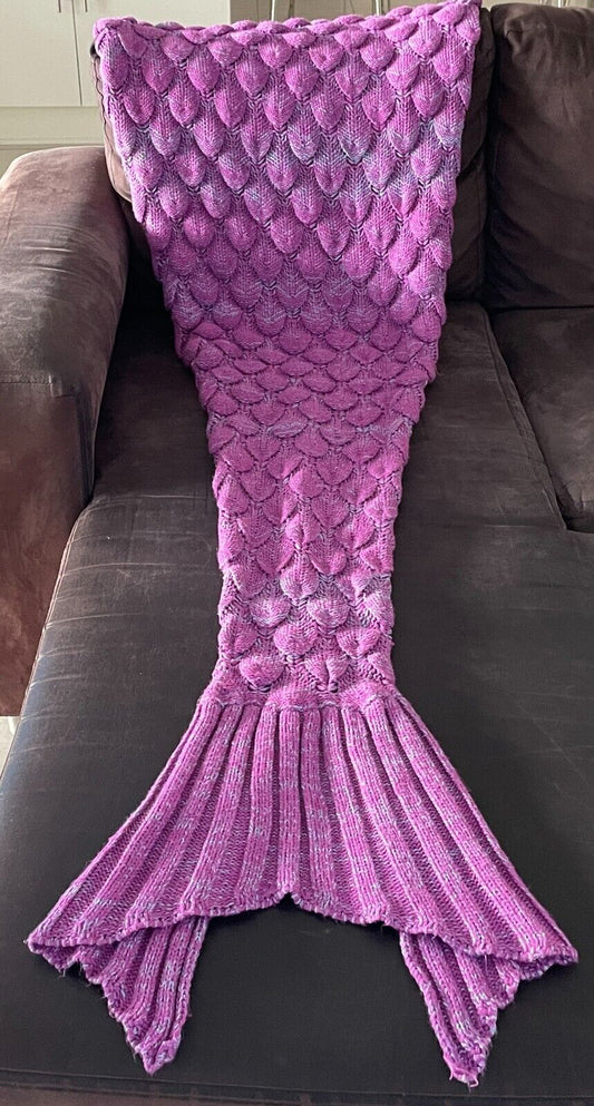 1 Piece Knit Mermaid Tail Pink & Blue Fleck Cozy Warm Blanket Adult Size 12 14