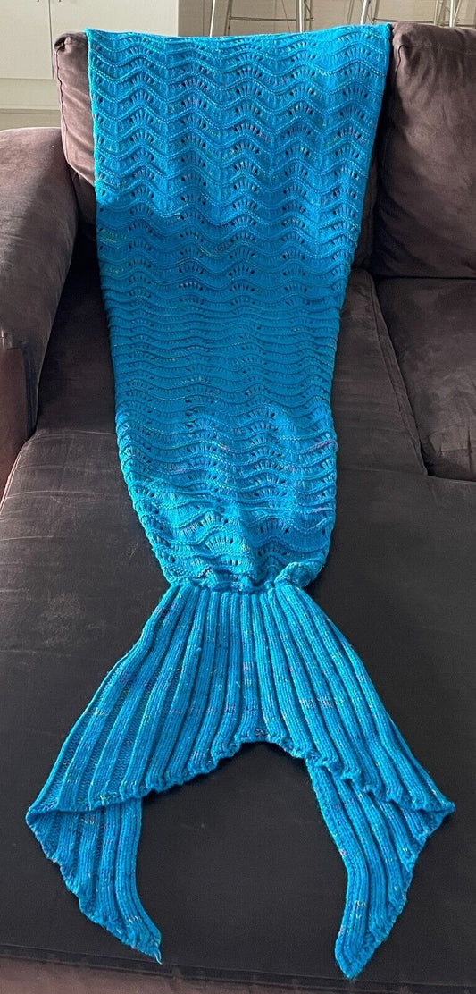 1 Piece Knit Mermaid Tail Blue Multicolour Fleck Cozy Warm Blanket Adult Sz 8 10