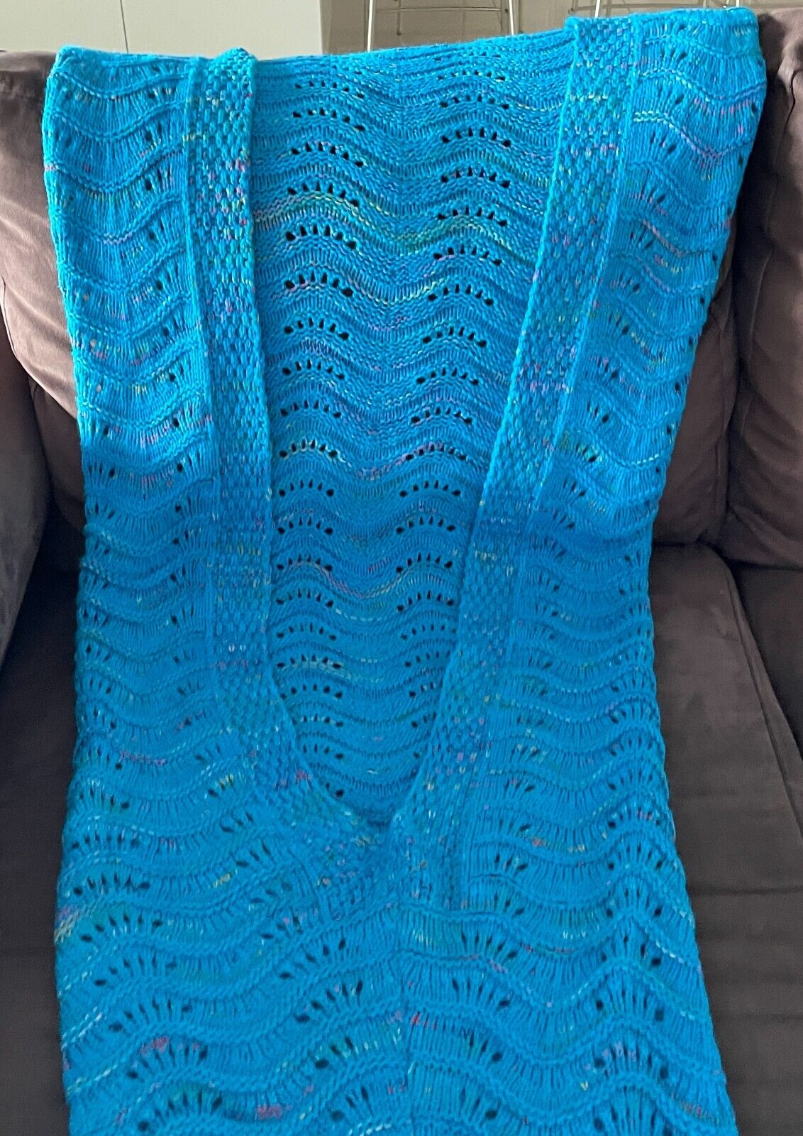 1 Piece Knit Mermaid Tail Blue Multicolour Fleck Cozy Warm Blanket Adult Sz 8 10