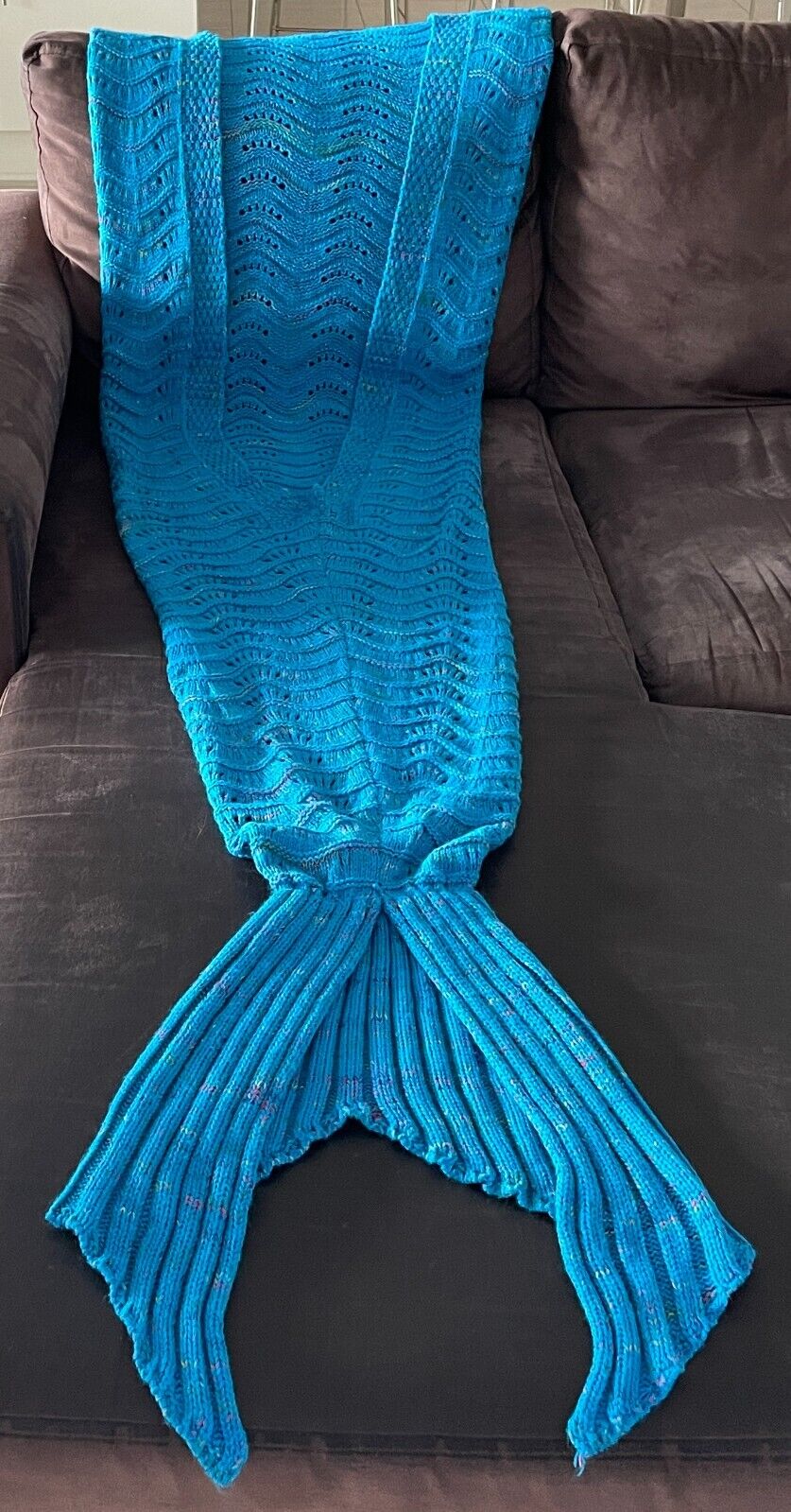 1 Piece Knit Mermaid Tail Blue Multicolour Fleck Cozy Warm Blanket Adult Sz 8 10