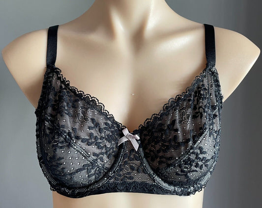 LILY LOVES Bra 16C Underwire Black Lace Ladies Adjustable Hook & Eye Size 16 C