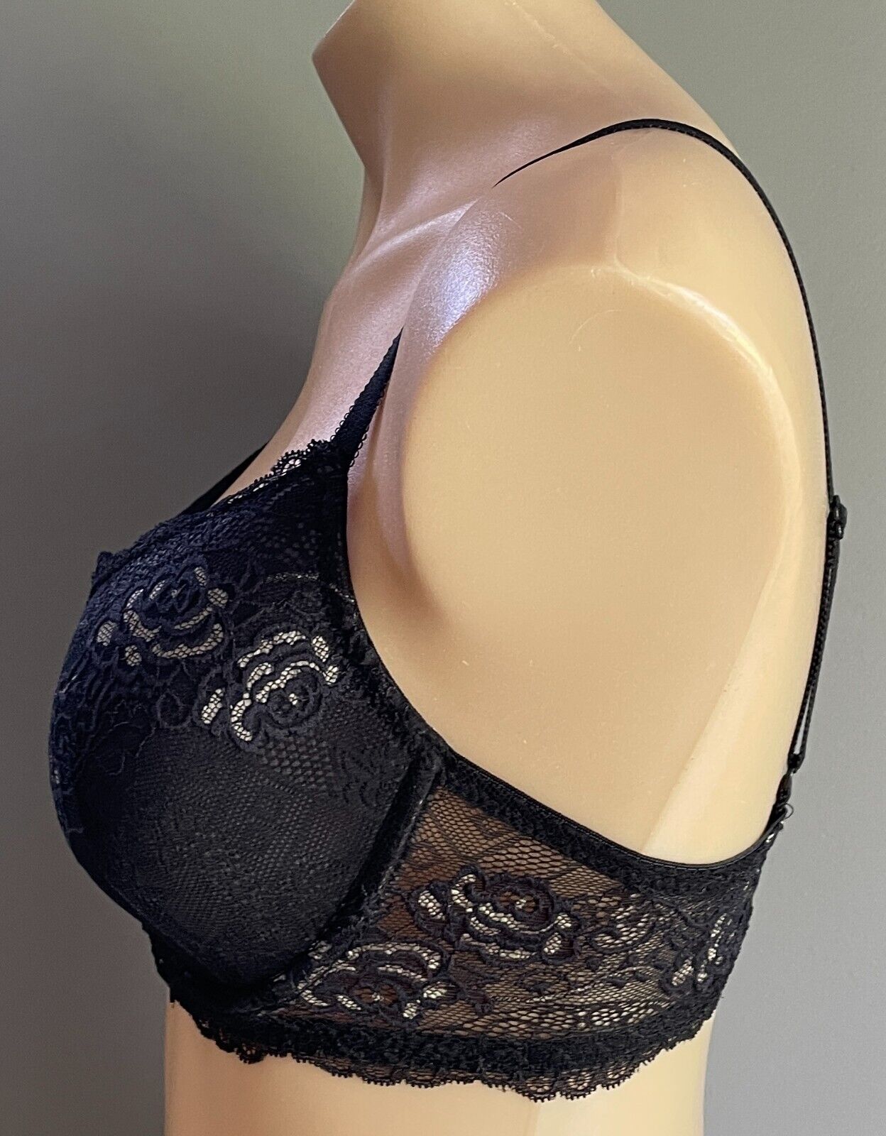 Balconette Bra 12C Underwire Black Lace & Beige Floral Size 12 C Gorgeous