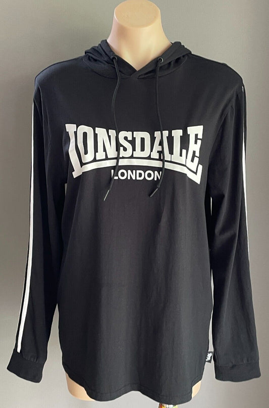 LONSDALE London Hoodie Top Sweater Black Long Sleeve White Logo Size M 12