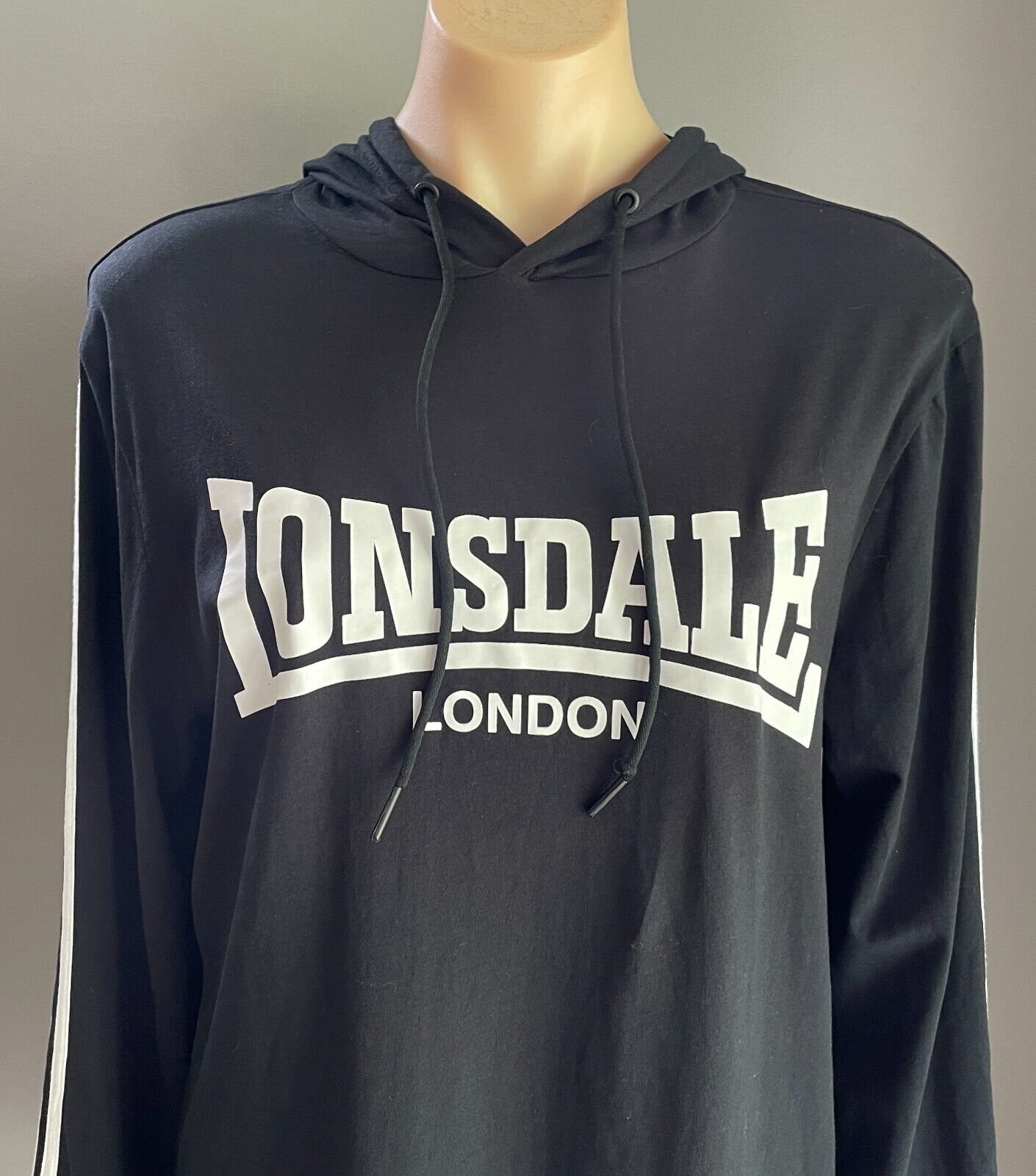 LONSDALE London Hoodie Top Sweater Black Long Sleeve White Logo Size M 12