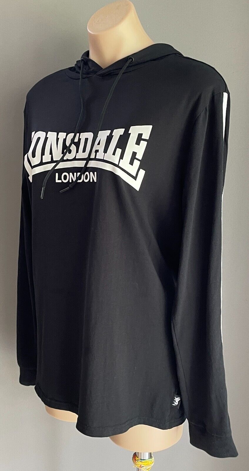 LONSDALE London Hoodie Top Sweater Black Long Sleeve White Logo Size M 12