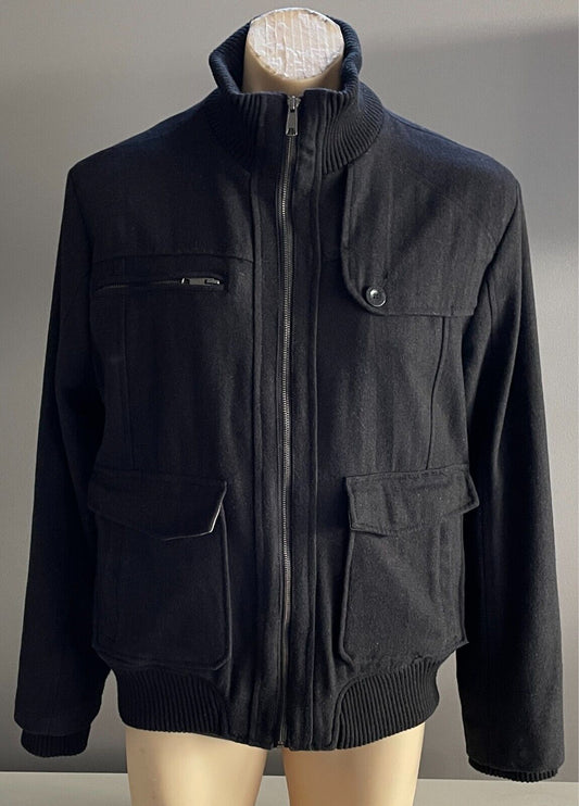 STING Black Jacket Wool Blend Winter Warm Mens Size L Zip Front Long Sleeves
