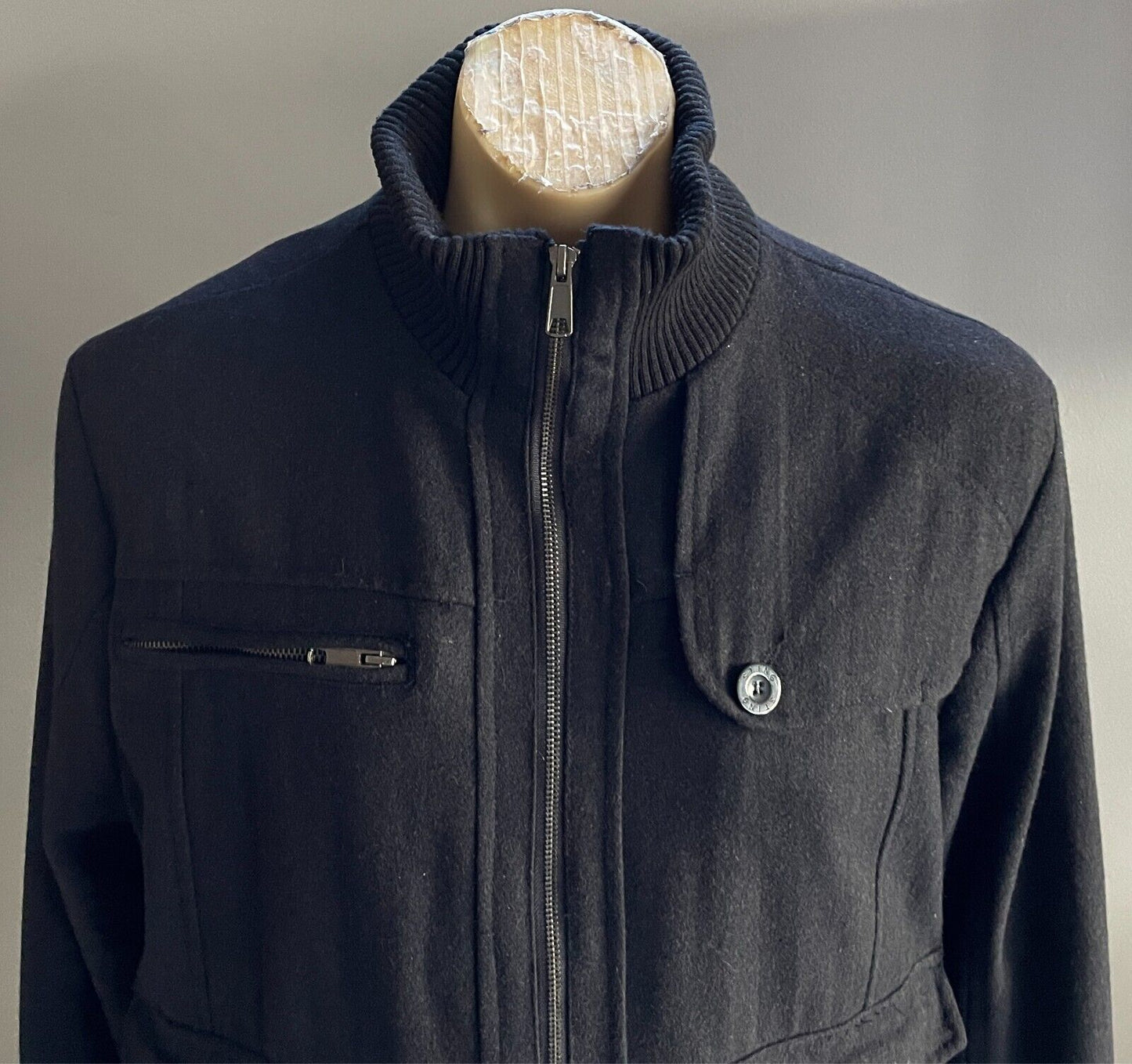 STING Black Jacket Wool Blend Winter Warm Mens Size L Zip Front Long Sleeves