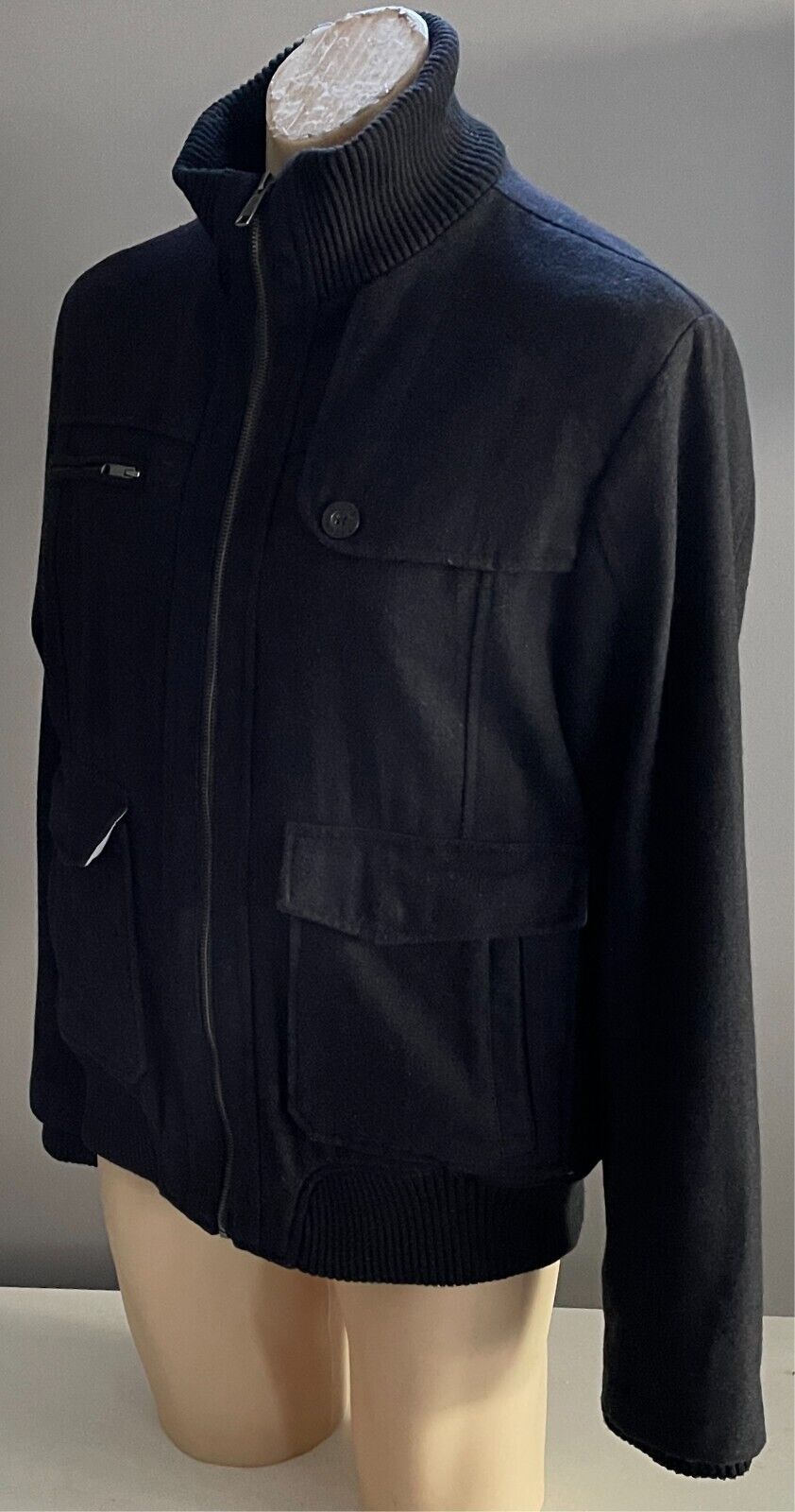 STING Black Jacket Wool Blend Winter Warm Mens Size L Zip Front Long Sleeves