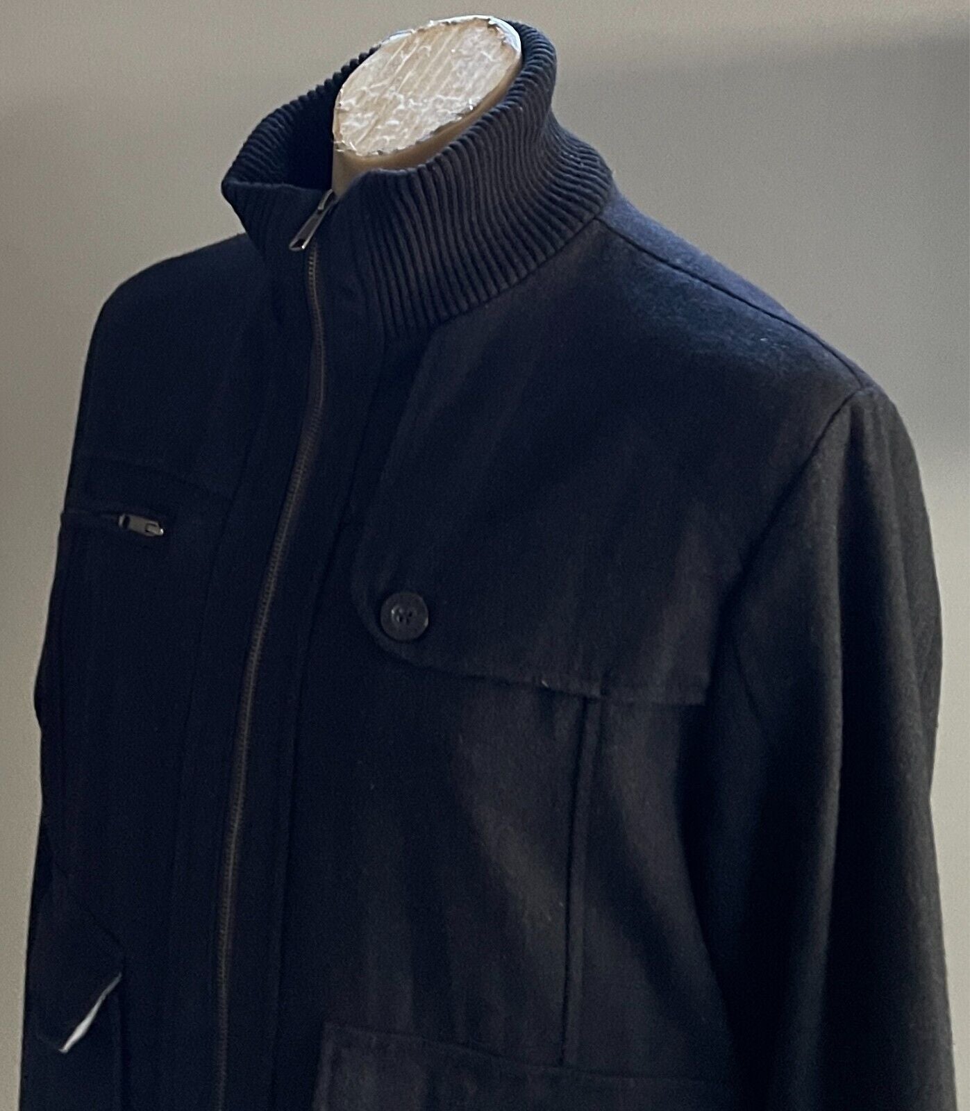 STING Black Jacket Wool Blend Winter Warm Mens Size L Zip Front Long Sleeves