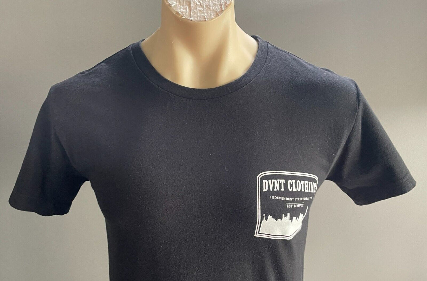 DVNT CLOTHING Black T-Shirt White Print Chest & Back Short Sleeve Size S Tee NEW