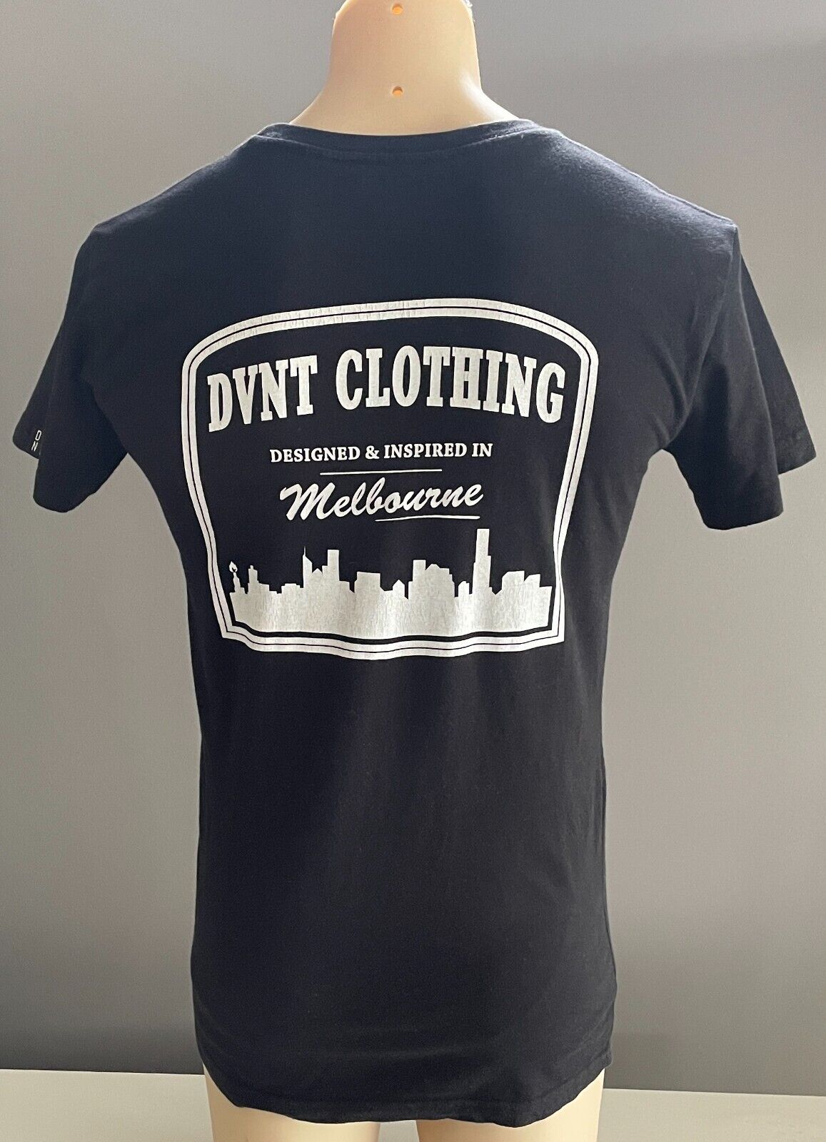 DVNT CLOTHING Black T-Shirt White Print Chest & Back Short Sleeve Size S Tee NEW