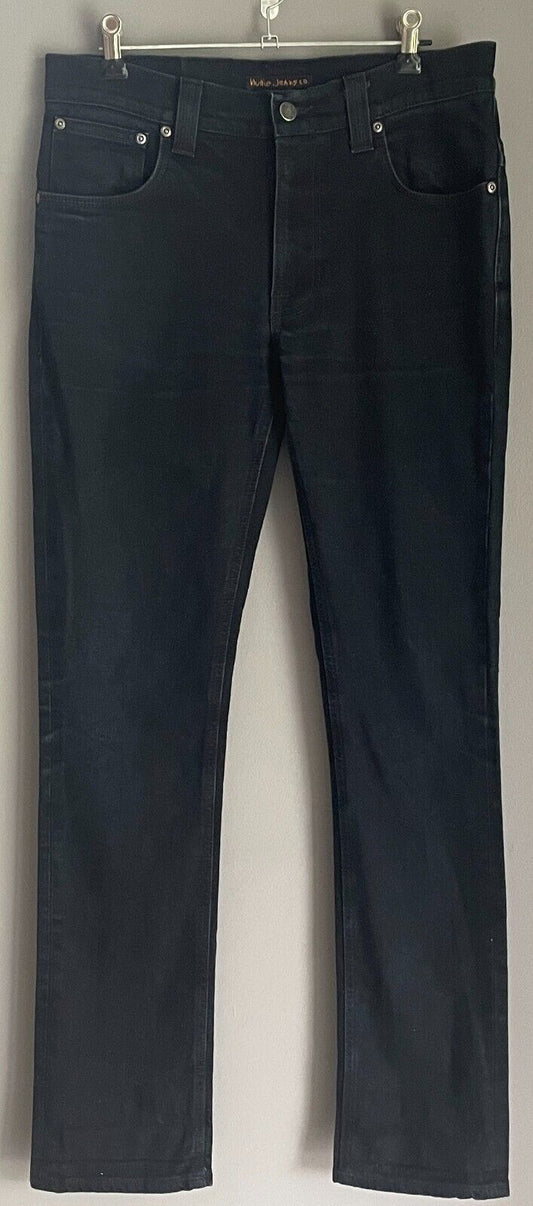 Mens NUDIE JEANS Black Denim "Thin Finn" Slim Fit Jeans Size 32W 80cm 34 L