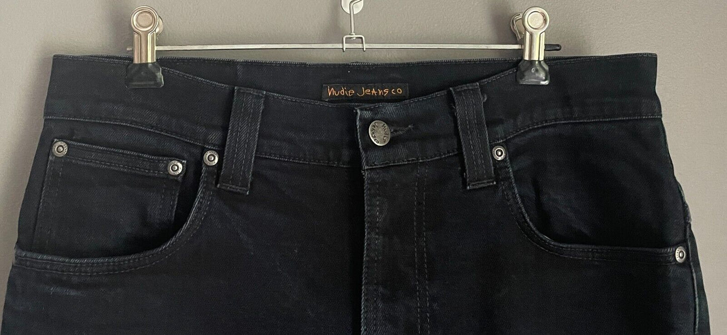 Mens NUDIE JEANS Black Denim "Thin Finn" Slim Fit Jeans Size 32W 80cm 34 L