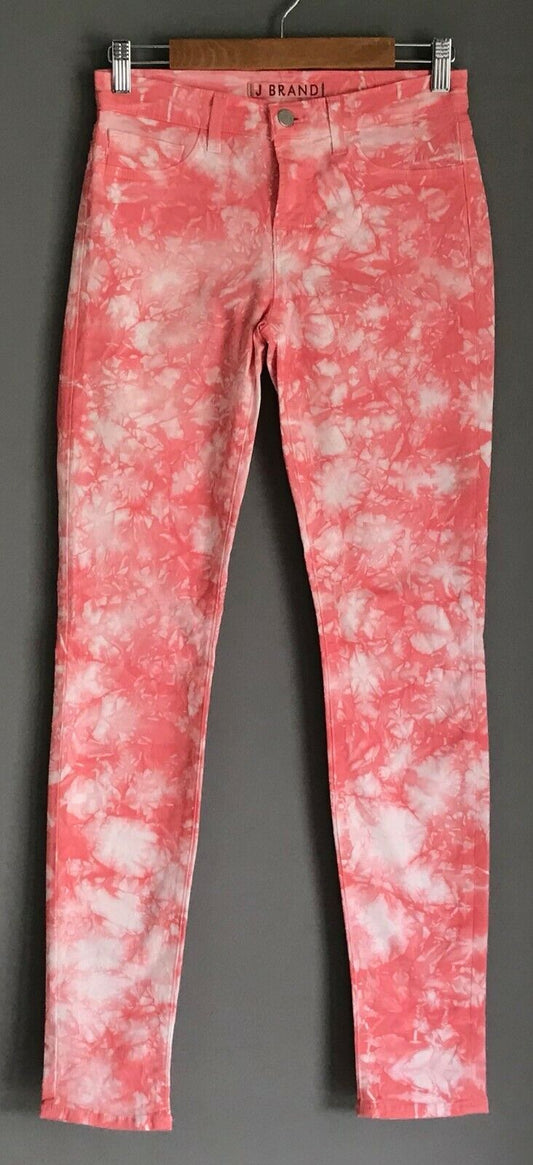 J BRAND TWISTED Denim Jeans CORAL Red Pink Tie Died Stretch Skinny Leg Sz 26 W