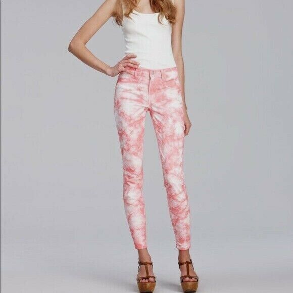 J BRAND TWISTED Denim Jeans CORAL Red Pink Tie Died Stretch Skinny Leg Sz 26 W