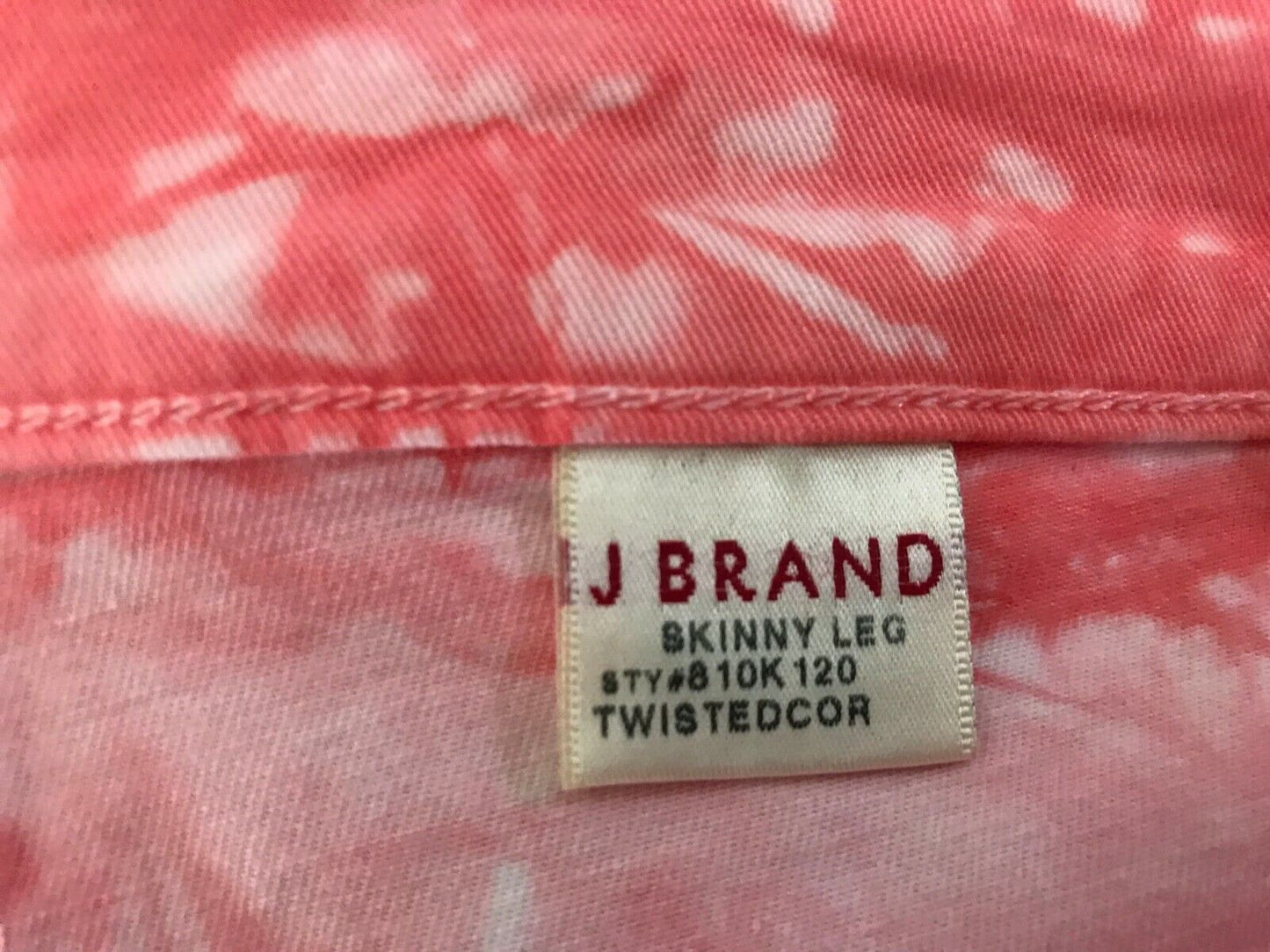J BRAND TWISTED Denim Jeans CORAL Red Pink Tie Died Stretch Skinny Leg Sz 26 W