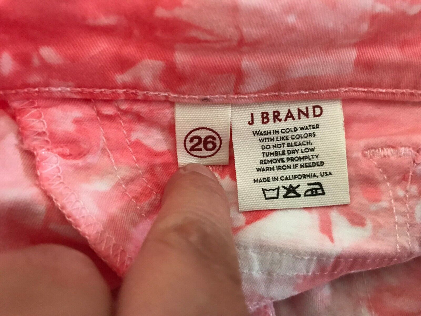 J BRAND TWISTED Denim Jeans CORAL Red Pink Tie Died Stretch Skinny Leg Sz 26 W