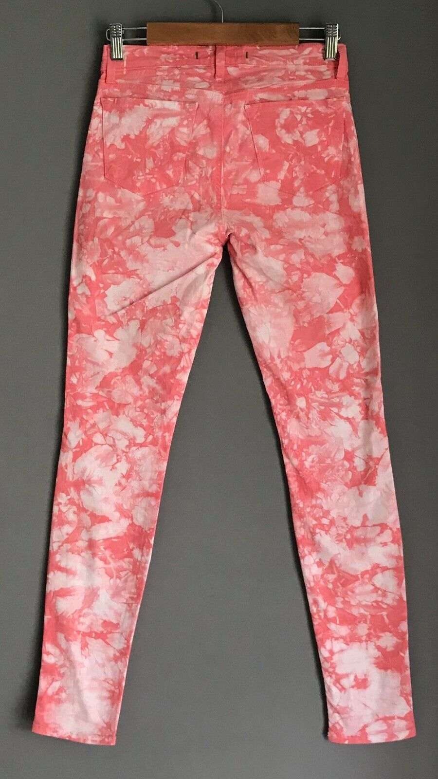 J BRAND TWISTED Denim Jeans CORAL Red Pink Tie Died Stretch Skinny Leg Sz 26 W