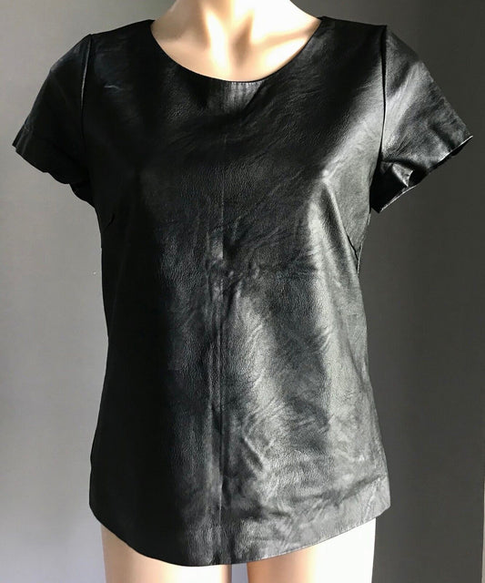 ICE FASHION PU T Shirt Short Sleeve Black Pleather Tee Top Ladies Size S 8 10