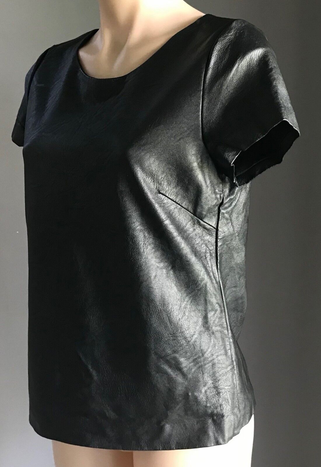 ICE FASHION PU T Shirt Short Sleeve Black Pleather Tee Top Ladies Size S 8 10